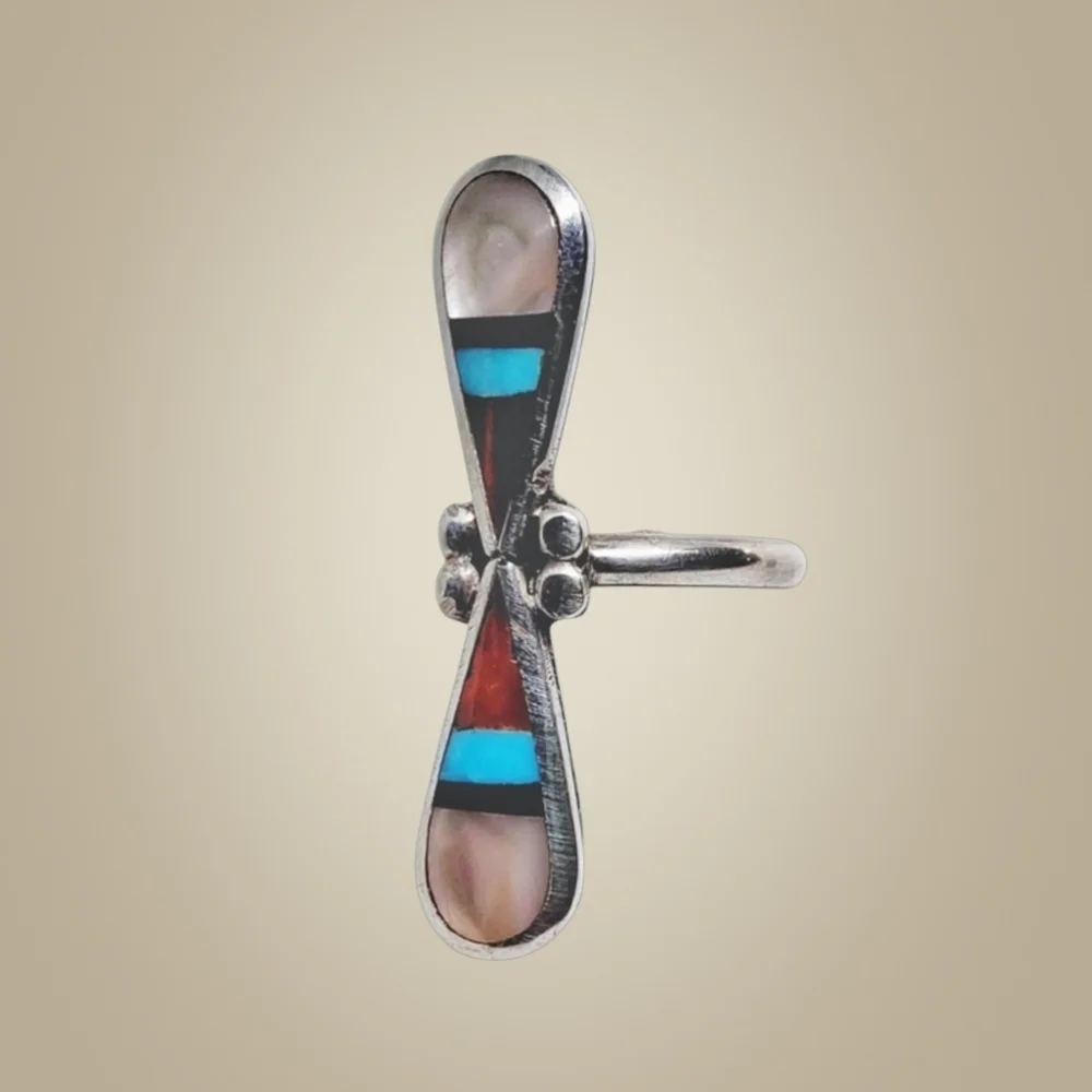 Zuni Sterling Silver Inlay Ring w/MOP, Coral, Turquoise & Onyx – Size 5.25